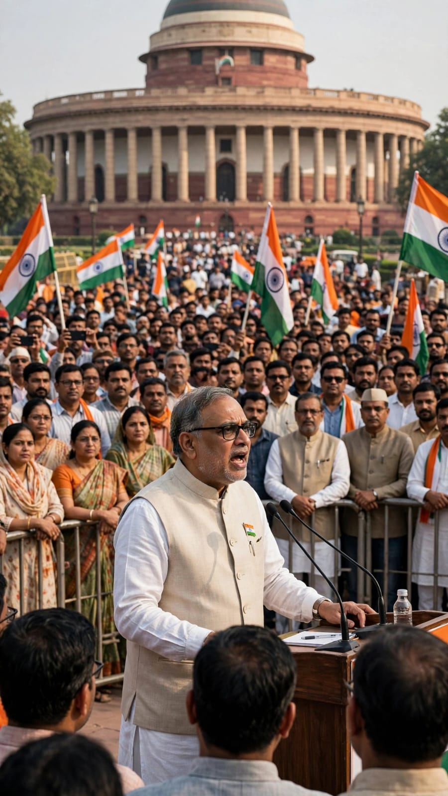 Political leader addressing a public gathering in front of Parliament House